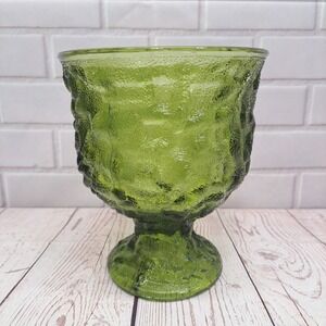 E.O. Brody Co Avocado Green 70s Crinkle Glass Pedestal Bowl Planter Vase Vintage